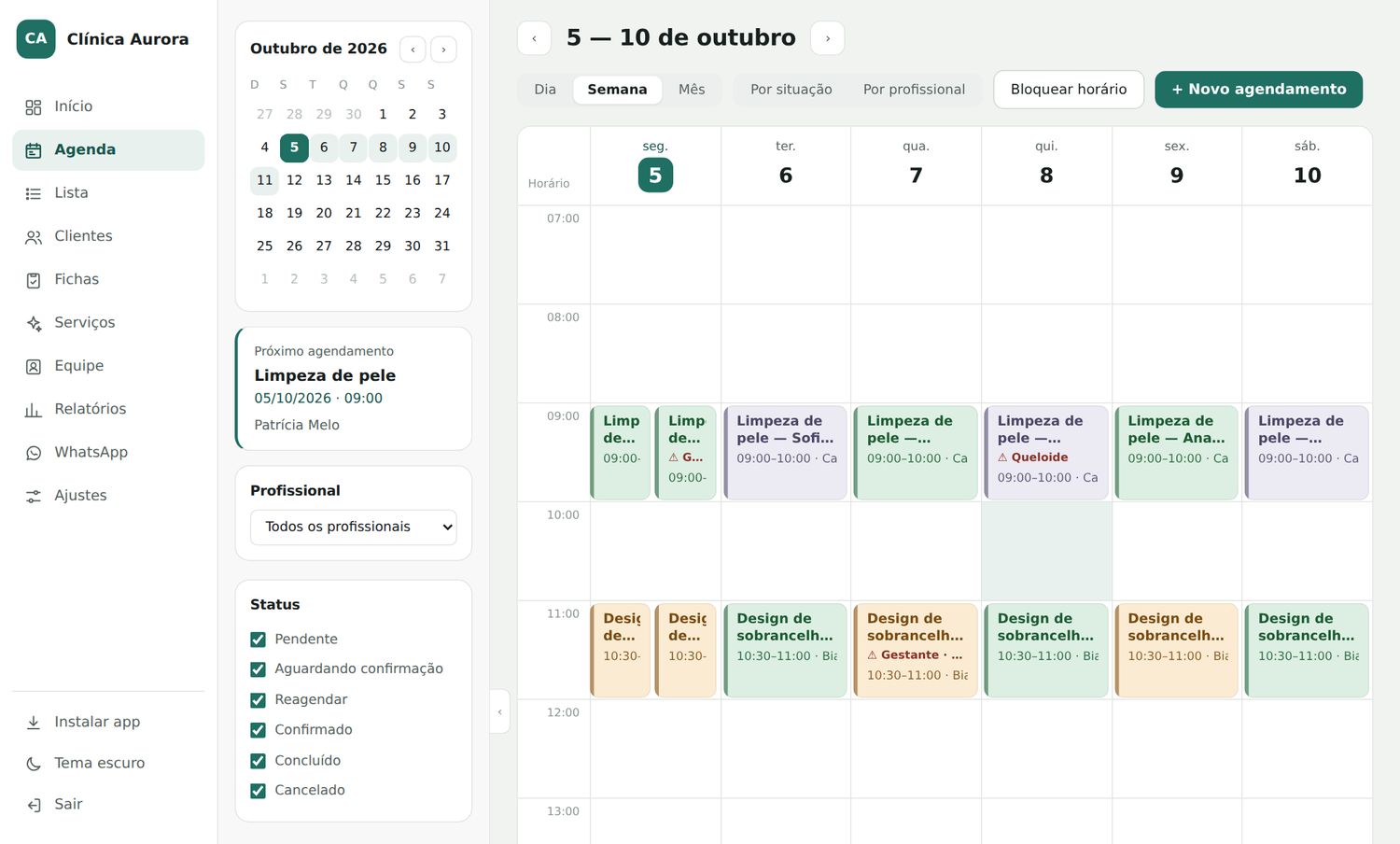 Tela da agenda da Agenda AI